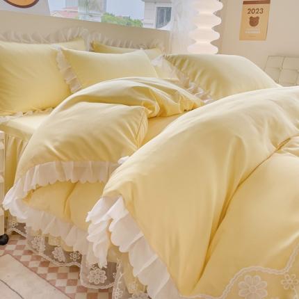 靓生活 2023新款韩版花边水洗磨毛床裙四件套 奶油黄