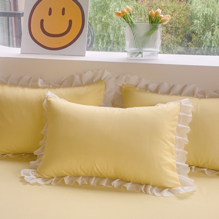 91家纺网 家纺一手货源 找家纺 靓生活 2023新款韩版花边水洗磨毛床裙四件套 奶油黄