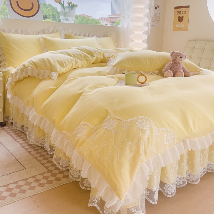 91家纺网 家纺一手货源 找家纺 靓生活 2023新款韩版花边水洗磨毛床裙四件套 奶油黄