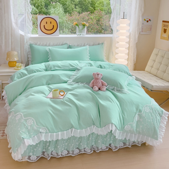 91家纺网 家纺一手货源 找家纺 靓生活 2023新款韩版花边水洗磨毛床裙四件套 浅绿