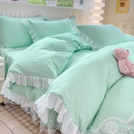 靓生活 2023新款韩版花边水洗磨毛床裙四件套 浅绿