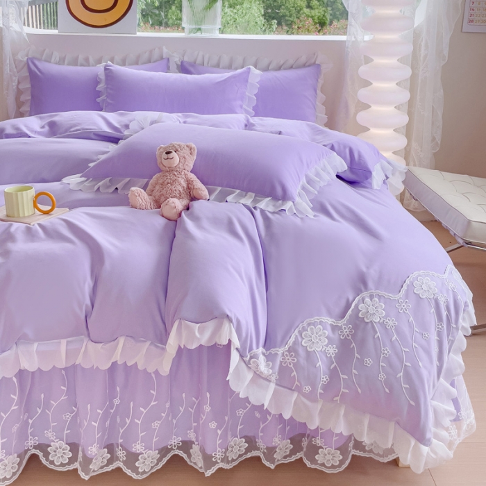91家纺网 家纺一手货源 找家纺 靓生活 2023新款韩版花边水洗磨毛床裙四件套 香芋紫