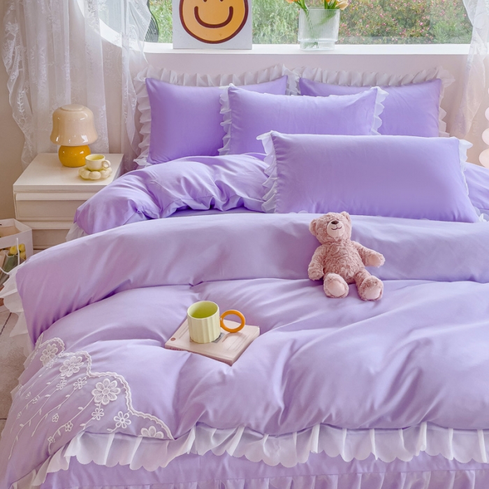 91家纺网 家纺一手货源 找家纺 靓生活 2023新款韩版花边水洗磨毛床裙四件套 香芋紫