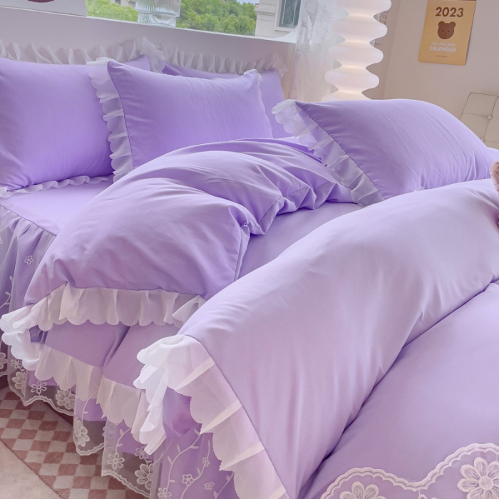 91家纺网 家纺一手货源 找家纺 靓生活 2023新款韩版花边水洗磨毛床裙四件套 香芋紫