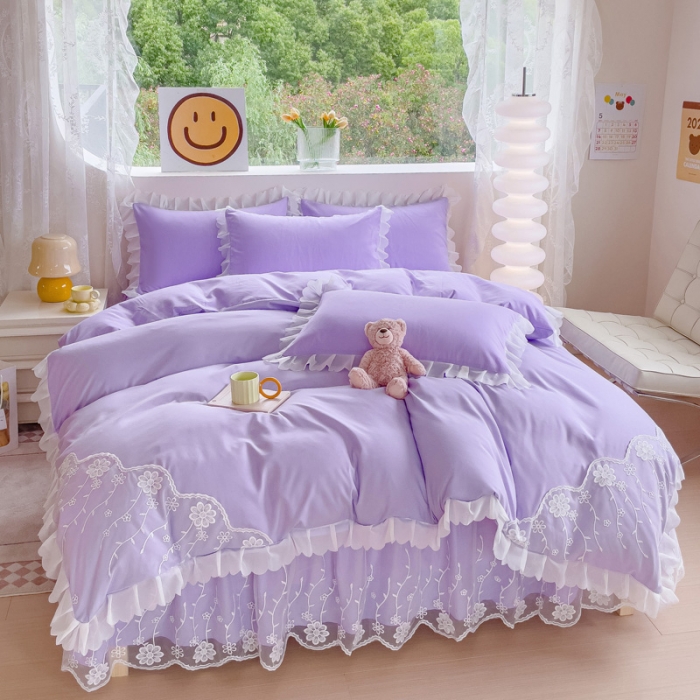 91家纺网 家纺一手货源 找家纺 靓生活 2023新款韩版花边水洗磨毛床裙四件套 香芋紫