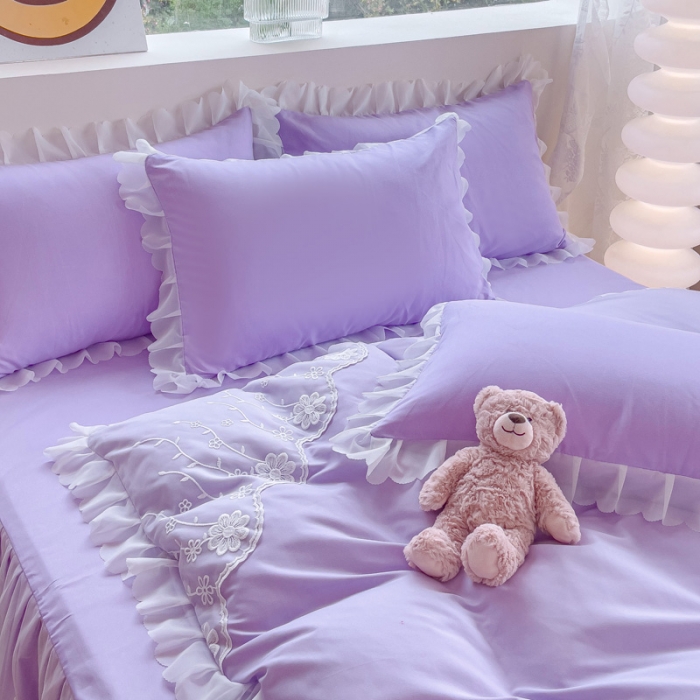 91家纺网 家纺一手货源 找家纺 靓生活 2023新款韩版花边水洗磨毛床裙四件套 香芋紫