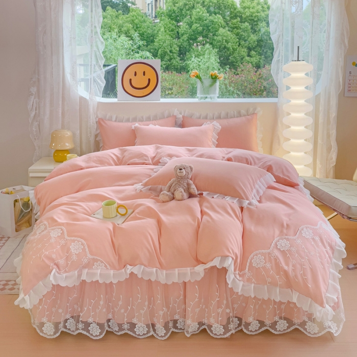 91家纺网 家纺一手货源 找家纺 靓生活 2023新款韩版花边水洗磨毛床裙四件套 玉色