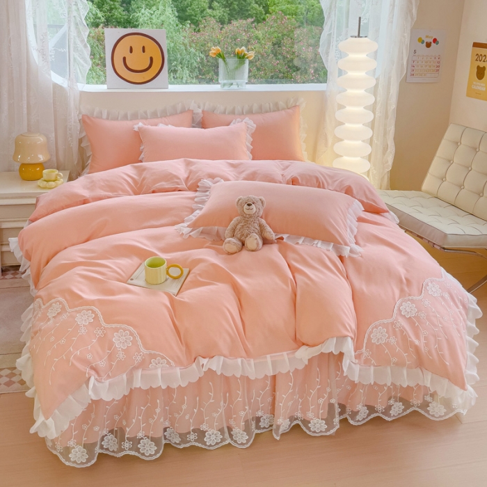 91家纺网 家纺一手货源 找家纺 靓生活 2023新款韩版花边水洗磨毛床裙四件套 玉色