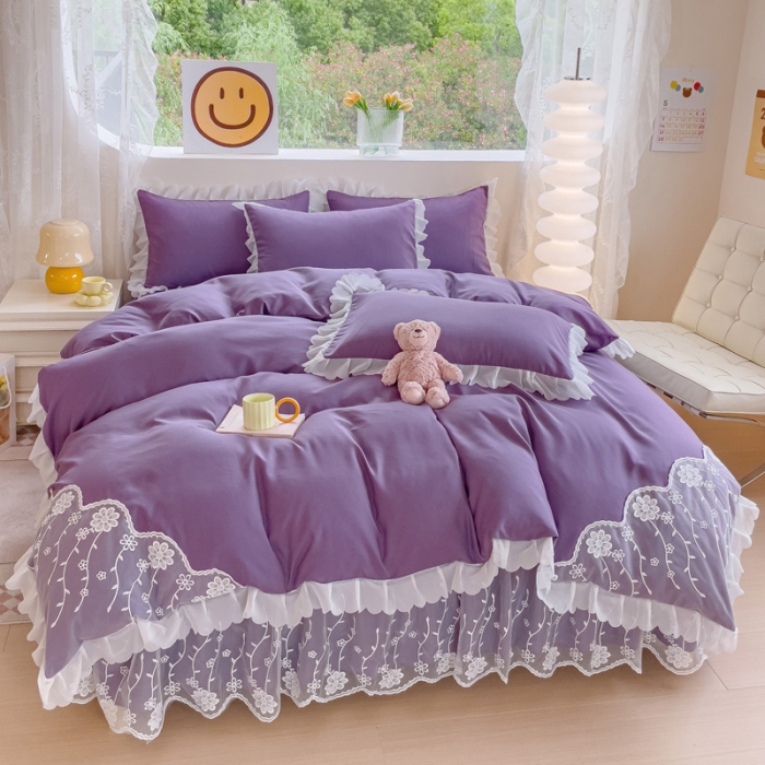 91家纺网 家纺一手货源 找家纺 靓生活 2023新款韩版花边水洗磨毛床裙四件套 紫色