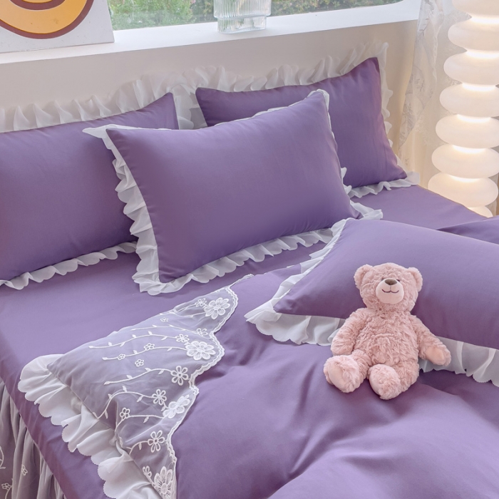 91家纺网 家纺一手货源 找家纺 靓生活 2023新款韩版花边水洗磨毛床裙四件套 紫色