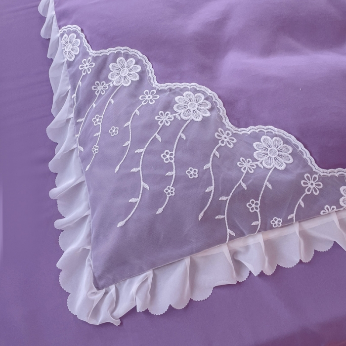 91家纺网 家纺一手货源 找家纺 靓生活 2023新款韩版花边水洗磨毛床裙四件套 紫色