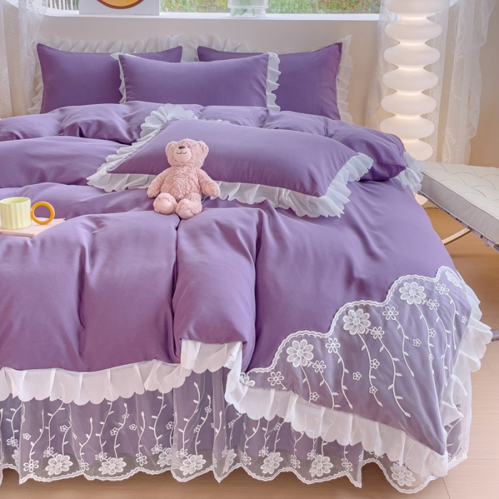 91家纺网 家纺一手货源 找家纺 靓生活 2023新款韩版花边水洗磨毛床裙四件套 紫色