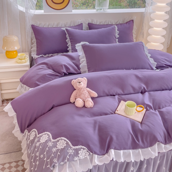 91家纺网 家纺一手货源 找家纺 靓生活 2023新款韩版花边水洗磨毛床裙四件套 紫色
