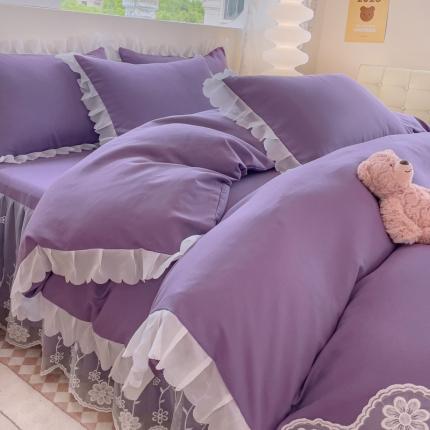 靓生活 2023新款韩版花边水洗磨毛床裙四件套 紫色