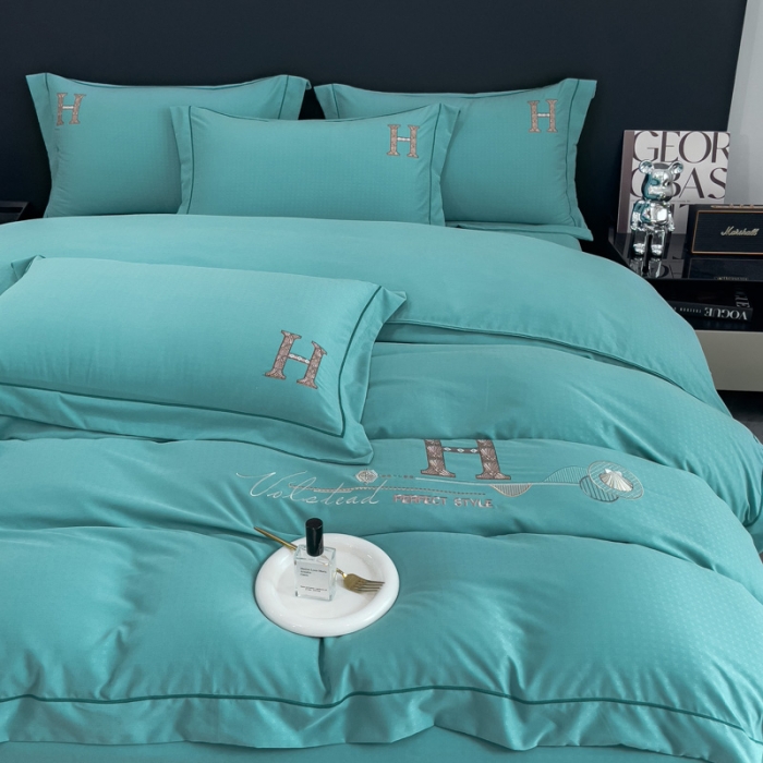 91家纺网 家纺一手货源 找家纺 靓生活 2023新款欧曼系列锦棉提花刺绣四件套 欧曼-玛瑙绿