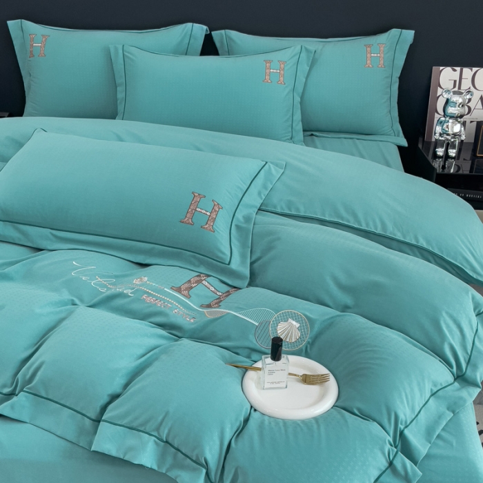 91家纺网 家纺一手货源 找家纺 靓生活 2023新款欧曼系列锦棉提花刺绣四件套 欧曼-玛瑙绿