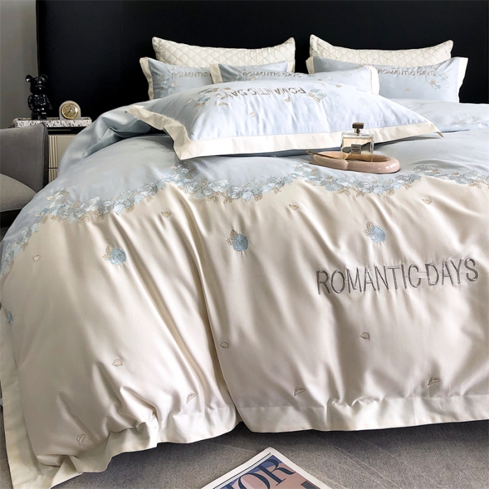 91家纺网 家纺一手货源 找家纺 MIU缪家居 2023新款100支全棉提花四件套-丝绒玫瑰 丝绒玫瑰-蓝