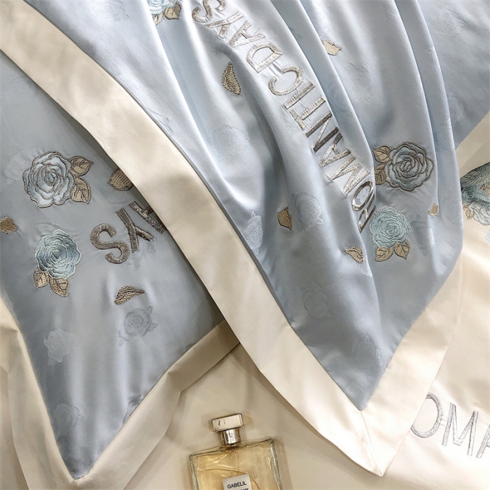 91家纺网 家纺一手货源 找家纺 MIU缪家居 2023新款100支全棉提花四件套-丝绒玫瑰 丝绒玫瑰-蓝