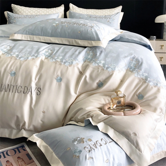 91家纺网 家纺一手货源 找家纺 MIU缪家居 2023新款100支全棉提花四件套-丝绒玫瑰 丝绒玫瑰-蓝