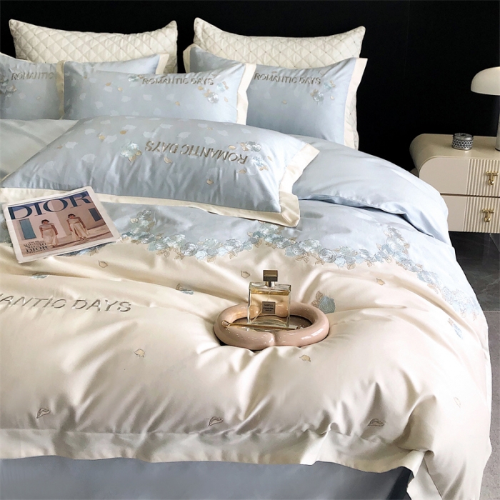 91家纺网 家纺一手货源 找家纺 MIU缪家居 2023新款100支全棉提花四件套-丝绒玫瑰 丝绒玫瑰-蓝