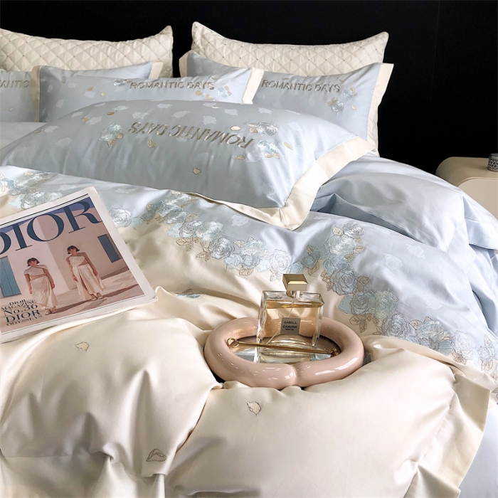 91家纺网 家纺一手货源 找家纺 MIU缪家居 2023新款100支全棉提花四件套-丝绒玫瑰 丝绒玫瑰-蓝