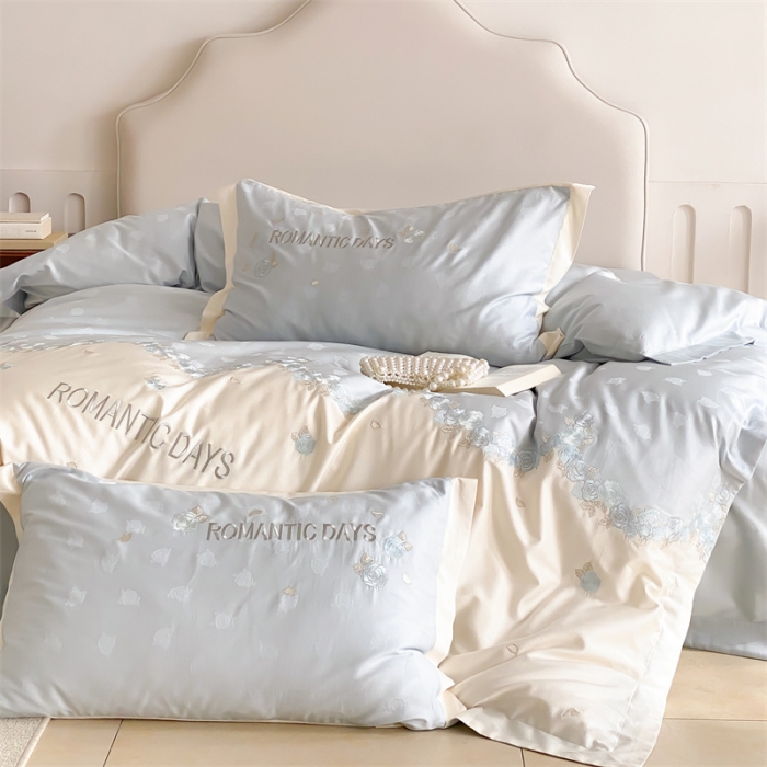 91家纺网 家纺一手货源 找家纺 MIU缪家居 2023新款100支全棉提花四件套-丝绒玫瑰 丝绒玫瑰-蓝