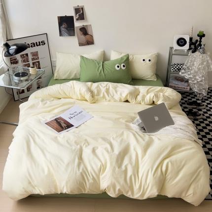 91家纺网 家纺一手货源 找家纺 海岛哥哥 2023新款大眼睛超柔水洗棉系列四件套 大眼睛-奶黄+果绿