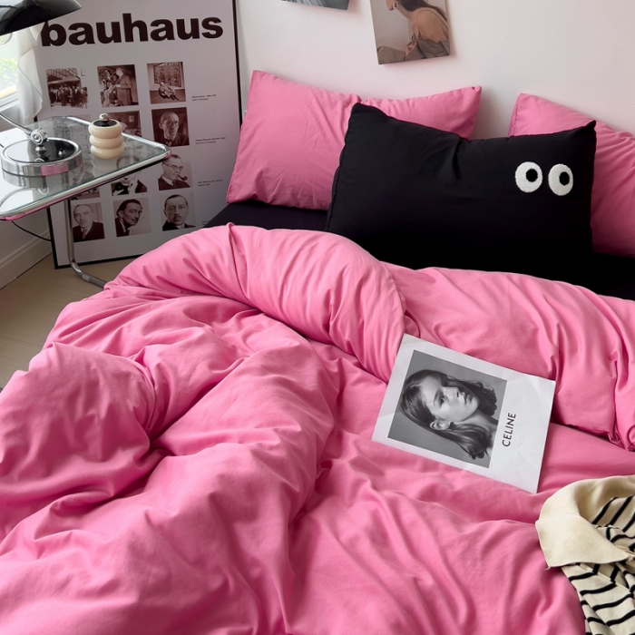 91家纺网 家纺一手货源 找家纺 海岛哥哥 2023新款大眼睛超柔水洗棉系列四件套 大眼睛-玫红+黑