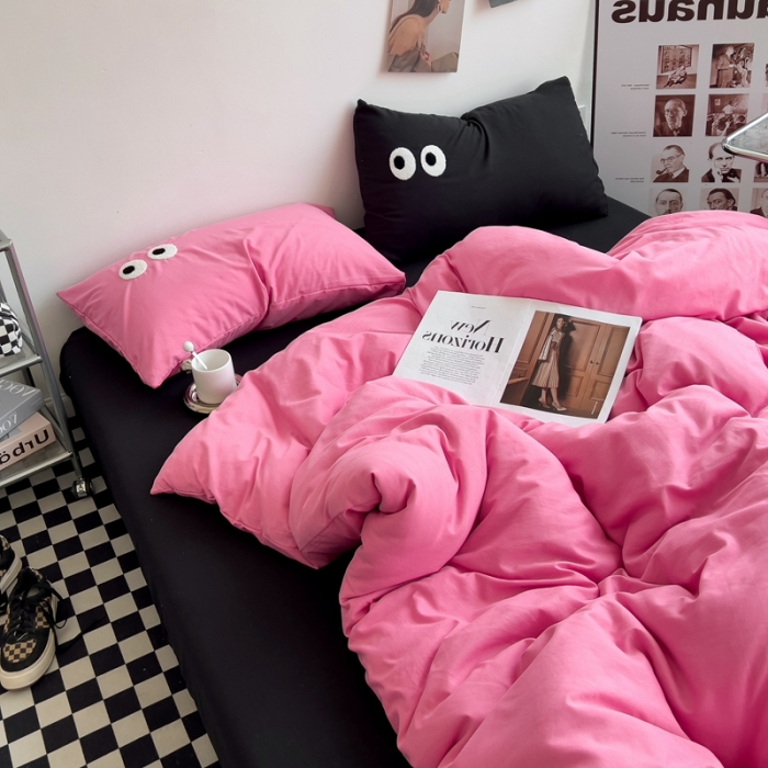 91家纺网 家纺一手货源 找家纺 海岛哥哥 2023新款大眼睛超柔水洗棉系列四件套 大眼睛-玫红+黑