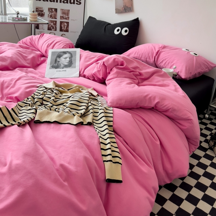 91家纺网 家纺一手货源 找家纺 海岛哥哥 2023新款大眼睛超柔水洗棉系列四件套 大眼睛-玫红+黑