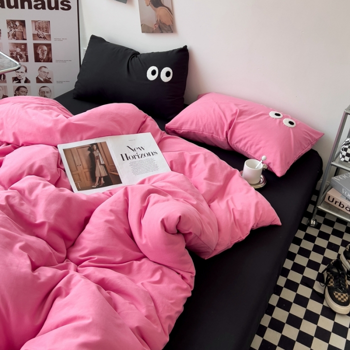 91家纺网 家纺一手货源 找家纺 海岛哥哥 2023新款大眼睛超柔水洗棉系列四件套 大眼睛-玫红+黑