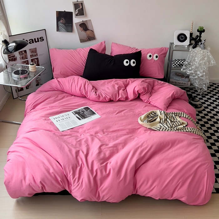 91家纺网 家纺一手货源 找家纺 海岛哥哥 2023新款大眼睛超柔水洗棉系列四件套 大眼睛-玫红+黑