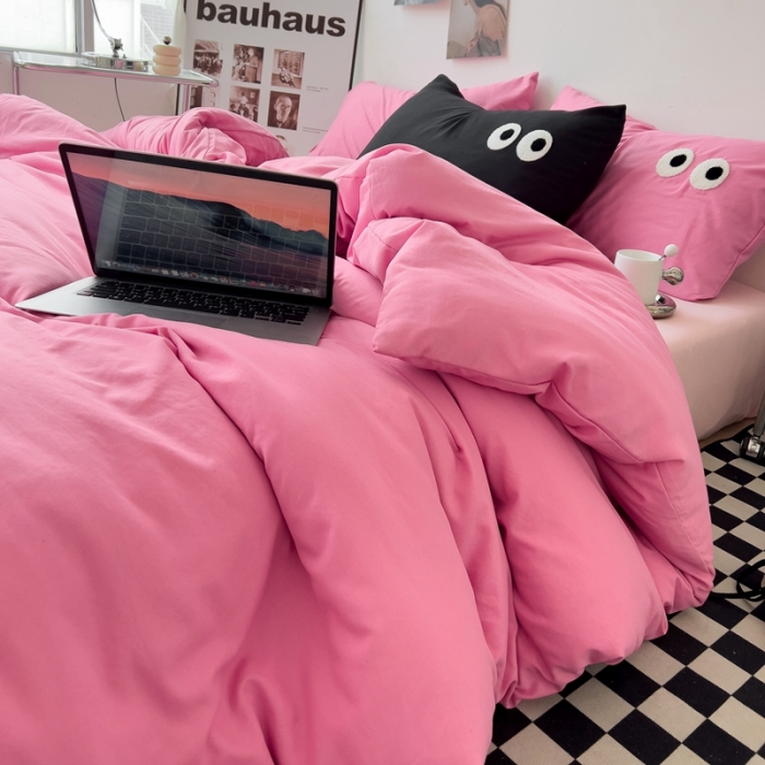 91家纺网 家纺一手货源 找家纺 海岛哥哥 2023新款大眼睛超柔水洗棉系列四件套 大眼睛-玫红+玉色