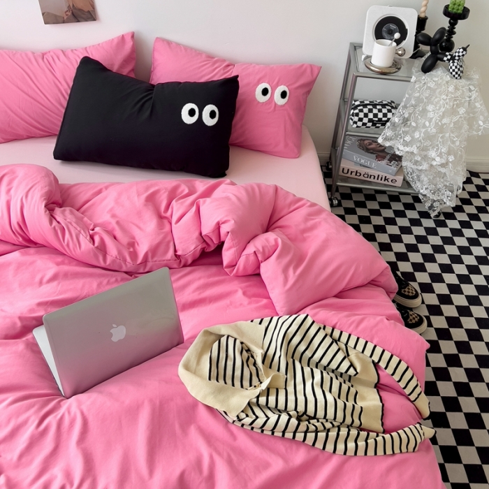 91家纺网 家纺一手货源 找家纺 海岛哥哥 2023新款大眼睛超柔水洗棉系列四件套 大眼睛-玫红+玉色