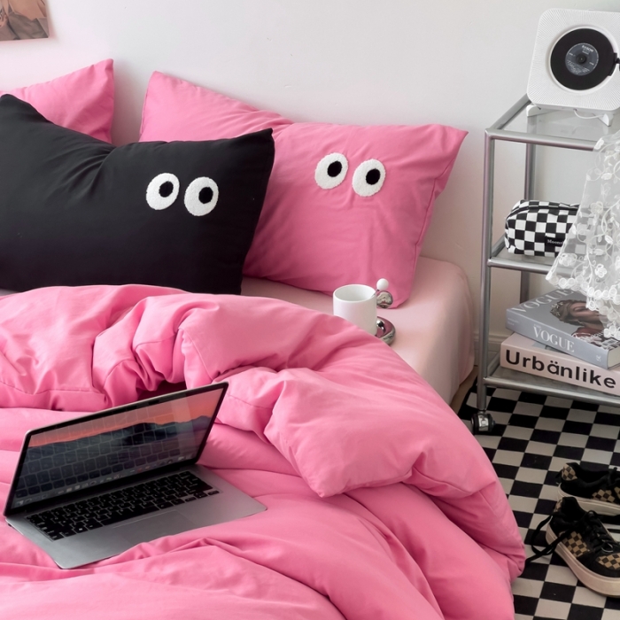 91家纺网 家纺一手货源 找家纺 海岛哥哥 2023新款大眼睛超柔水洗棉系列四件套 大眼睛-玫红+玉色