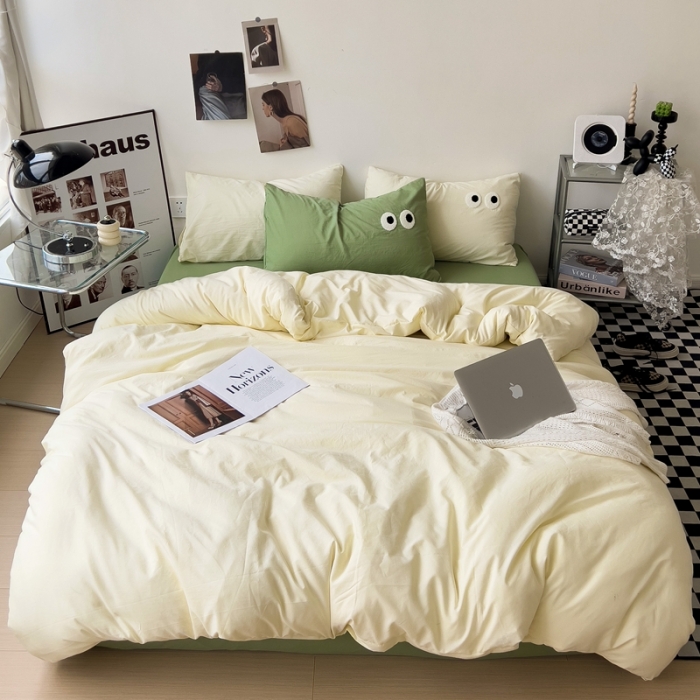 91家纺网 家纺一手货源 找家纺 海岛哥哥 2023新款大眼睛超柔水洗棉系列四件套 大眼睛-奶黄+果绿