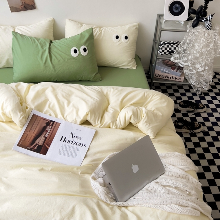 91家纺网 家纺一手货源 找家纺 海岛哥哥 2023新款大眼睛超柔水洗棉系列四件套 大眼睛-奶黄+果绿