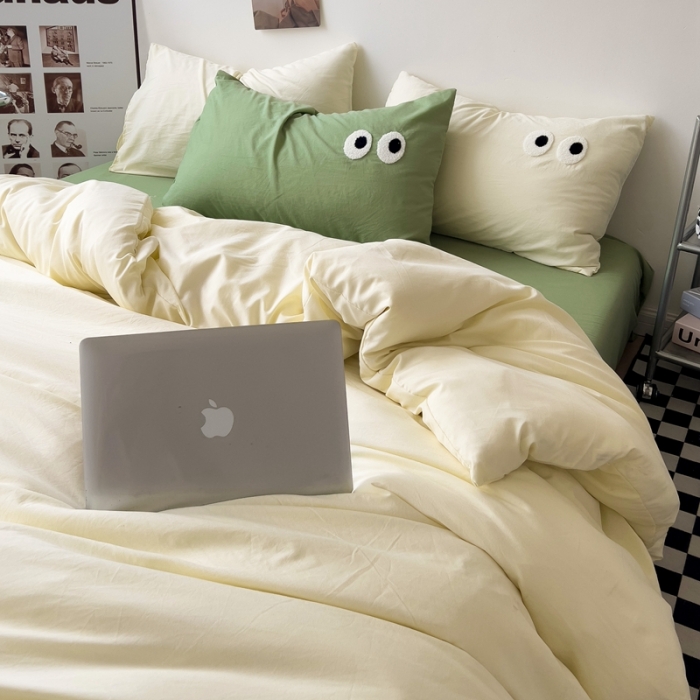 91家纺网 家纺一手货源 找家纺 海岛哥哥 2023新款大眼睛超柔水洗棉系列四件套 大眼睛-奶黄+果绿