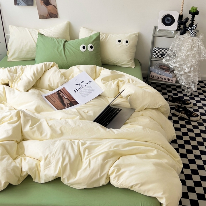 91家纺网 家纺一手货源 找家纺 海岛哥哥 2023新款大眼睛超柔水洗棉系列四件套 大眼睛-奶黄+果绿