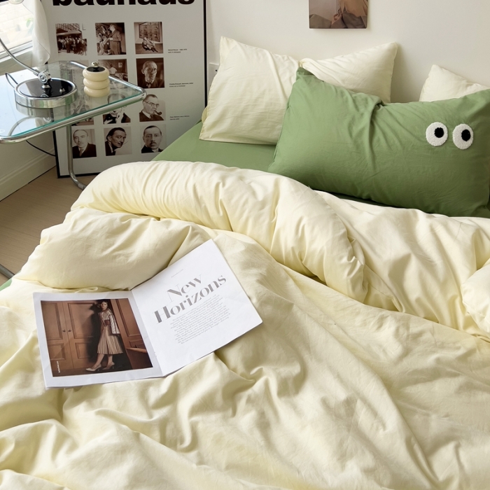 91家纺网 家纺一手货源 找家纺 海岛哥哥 2023新款大眼睛超柔水洗棉系列四件套 大眼睛-奶黄+果绿