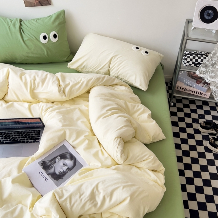 91家纺网 家纺一手货源 找家纺 海岛哥哥 2023新款大眼睛超柔水洗棉系列四件套 大眼睛-奶黄+果绿