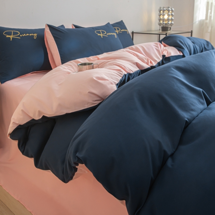 91家纺网 家纺一手货源 找家纺 火麒麟 2023新款亲肤水洗棉轻奢刺绣四件套-倾城系列 藏青-奶油粉