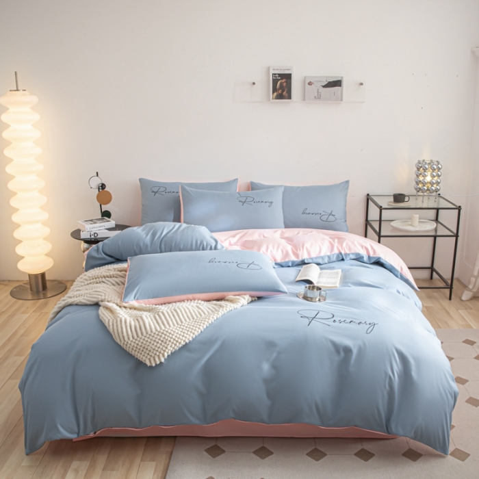 91家纺网 家纺一手货源 找家纺 火麒麟 2023新款亲肤水洗棉轻奢刺绣四件套-倾城系列 海清-奶油粉