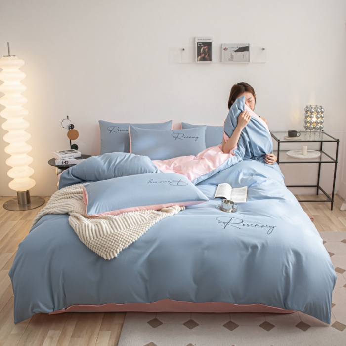 91家纺网 家纺一手货源 找家纺 火麒麟 2023新款亲肤水洗棉轻奢刺绣四件套-倾城系列 海清-奶油粉