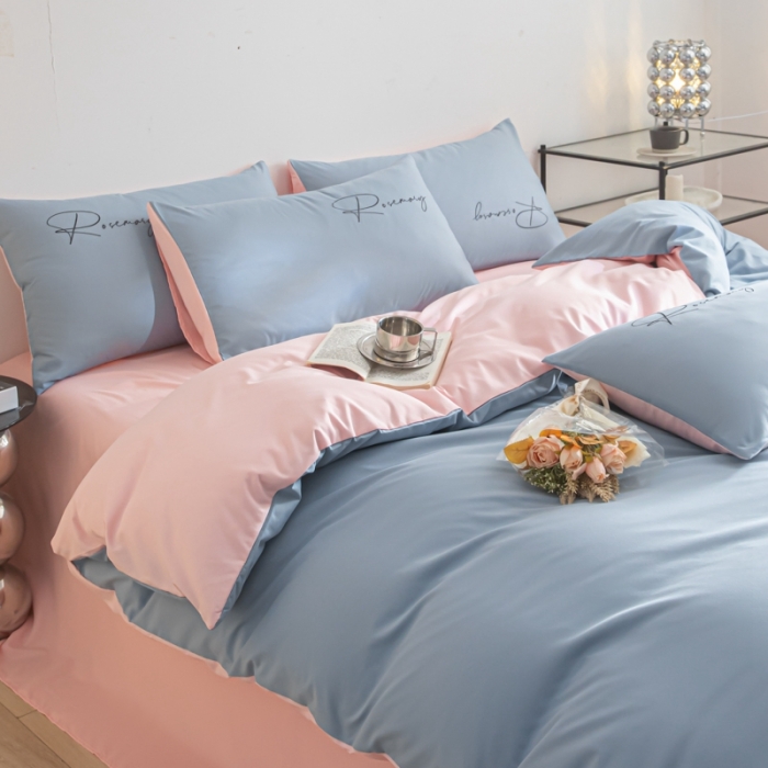 91家纺网 家纺一手货源 找家纺 火麒麟 2023新款亲肤水洗棉轻奢刺绣四件套-倾城系列 海清-奶油粉