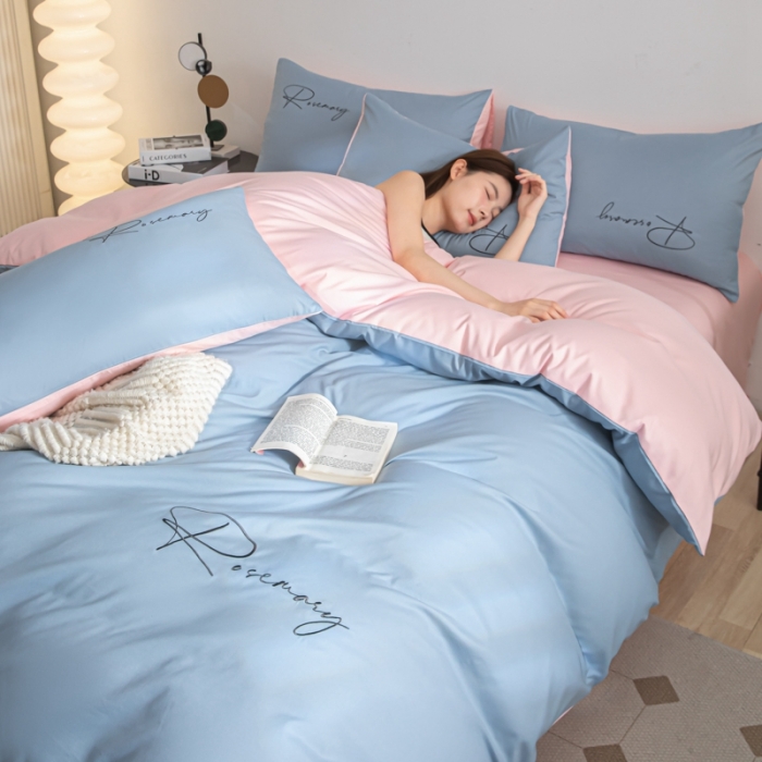 91家纺网 家纺一手货源 找家纺 火麒麟 2023新款亲肤水洗棉轻奢刺绣四件套-倾城系列 海清-奶油粉