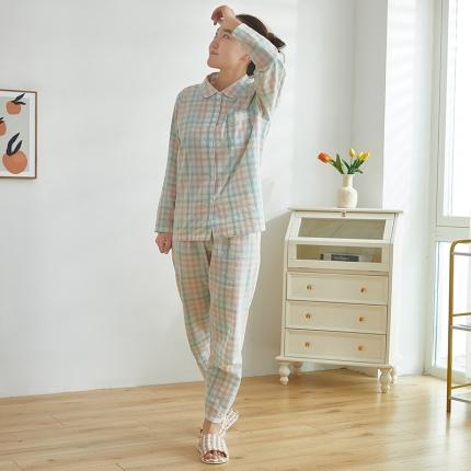 91家纺网 家纺一手货源 找家纺 玖弘 2023新款水洗棉长袖家居服 冰激格女长袖