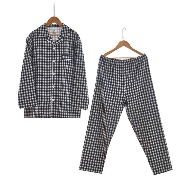 91家纺网 家纺一手货源 找家纺 玖弘 2023新款水洗棉长袖家居服 黑白小格男长袖