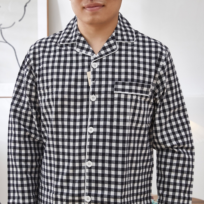 91家纺网 家纺一手货源 找家纺 玖弘 2023新款水洗棉长袖家居服 黑白小格男长袖