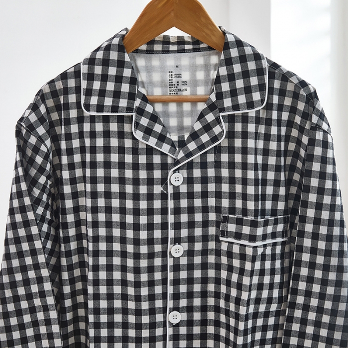 91家纺网 家纺一手货源 找家纺 玖弘 2023新款水洗棉长袖家居服 黑白小格男长袖